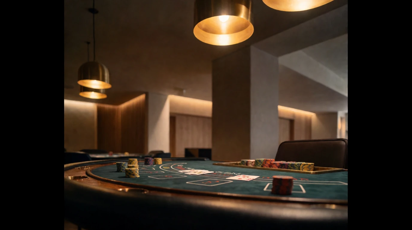 Elegant casinobord med färgglada marker och spelkort i skandinavisk miljö