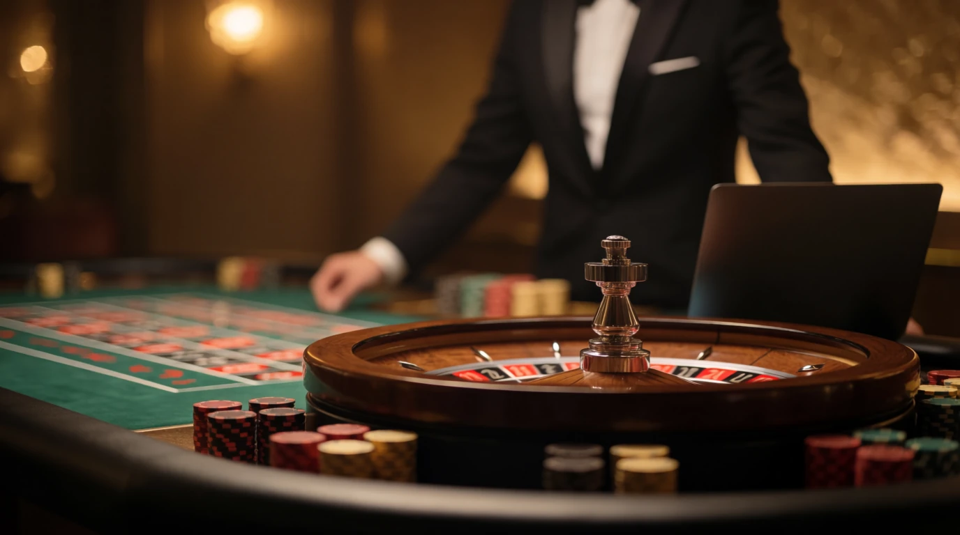 Live roulette-bord med hjul och casinofigurer i en svensk onlinecasinostudio