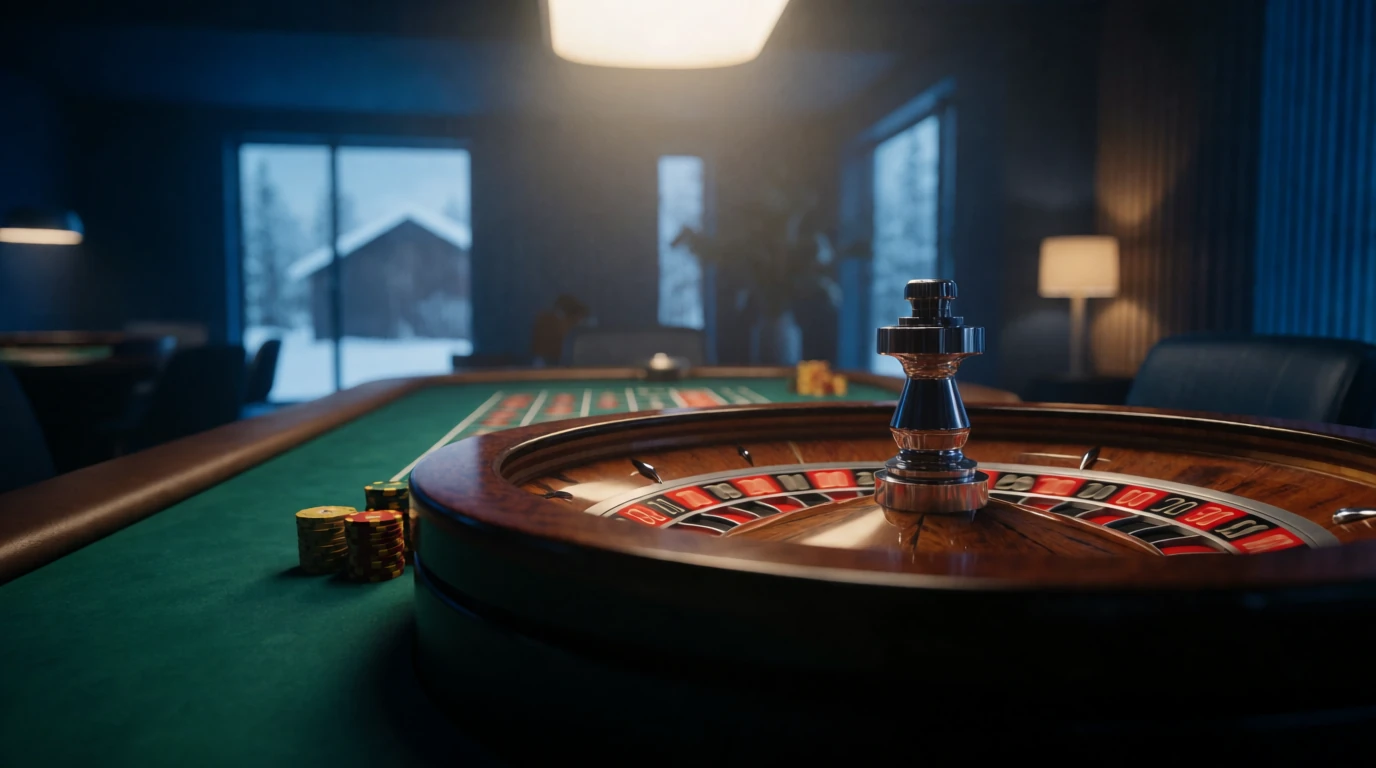 Elegant roulettehjul på grönt bord i en modern svensk casinomiljö