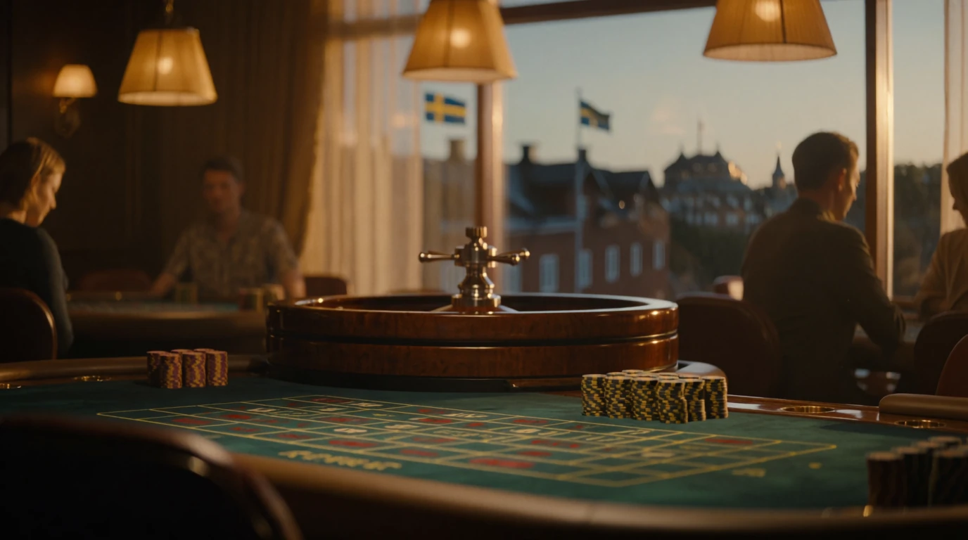 Elegant svensk casinolounge med spelbord, marker och roulettehjul