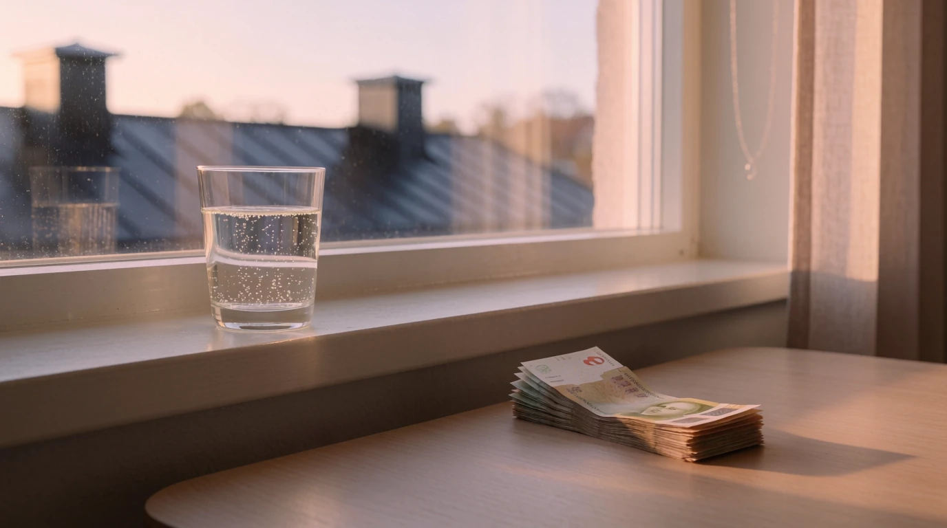 Svensk kronor-sedlar på ett bord i soligt Skandinaviskt hem
