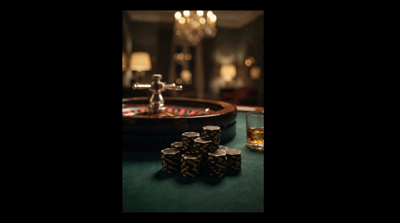 Lyxig casinobord med marker och roulette i varm belysning