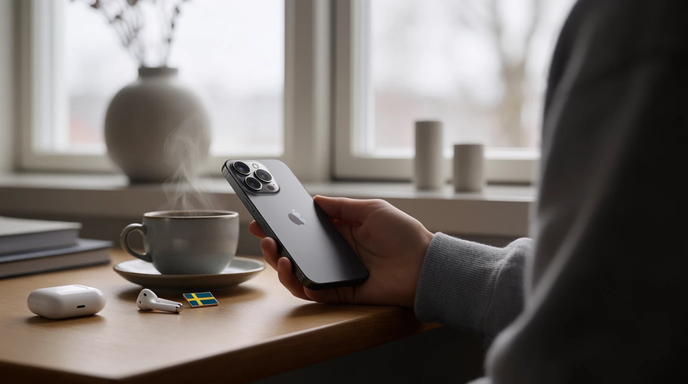 iPhone och Apple Pay i en modern svensk hemmiljö med koppling till casinobetalning.