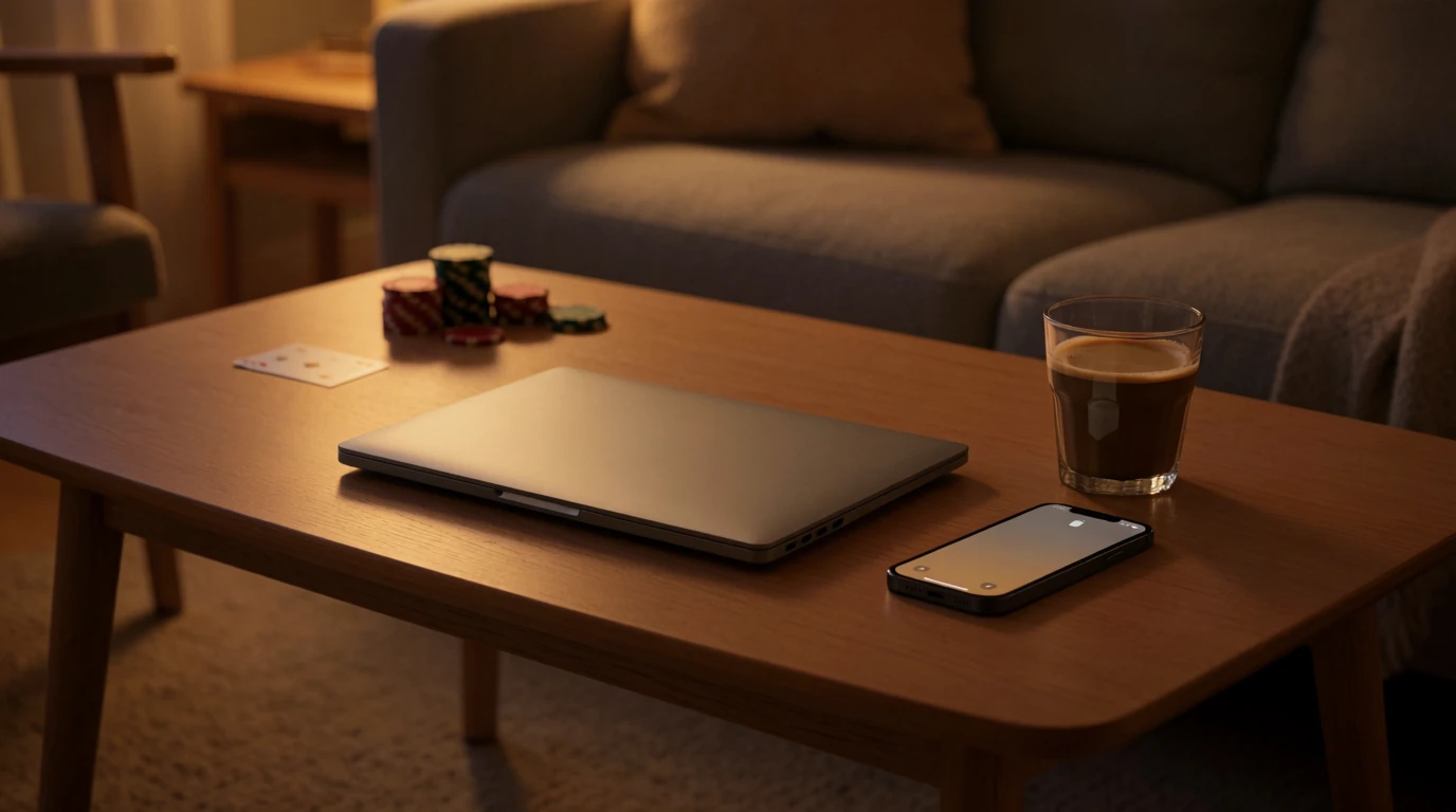 Svensk vardagsrum med laptop och casinotema i kvällsljus