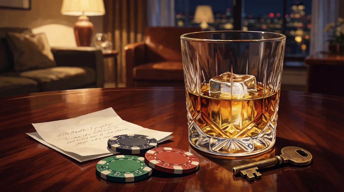 Mörkt vardagsrum med casinofigurer, en nyckel och ett kodmeddelande på bordet