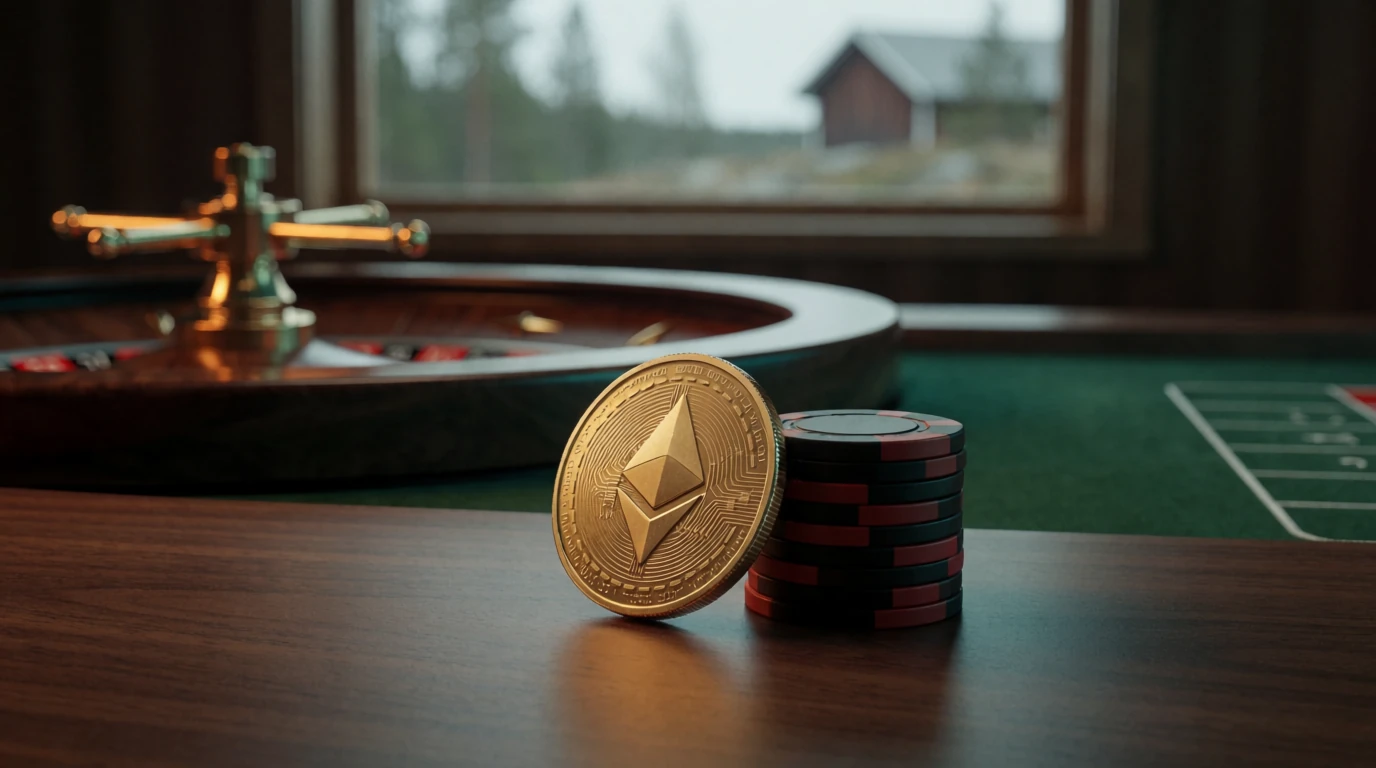 Ethereum-mynt och casinokchips på ett elegant skrivbord