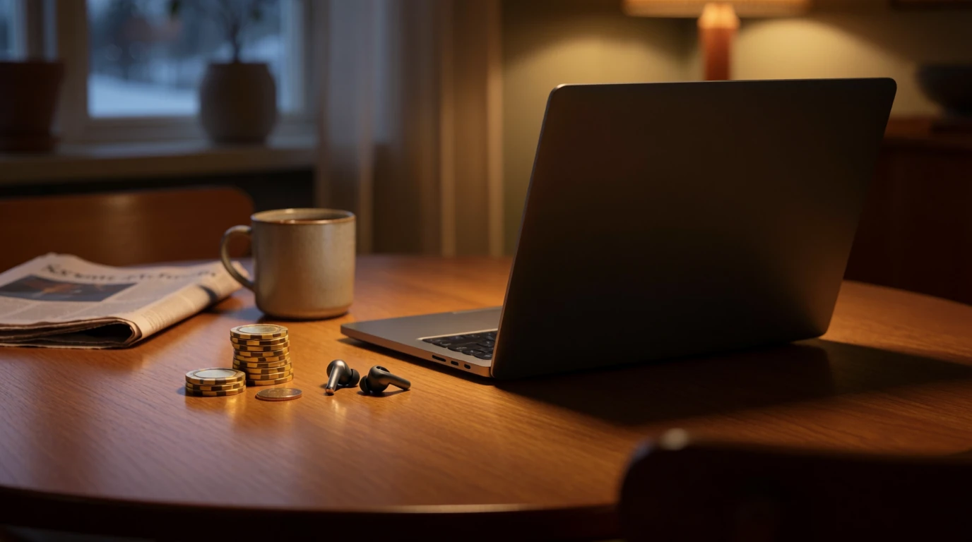 Svenskt hem med casinolegojek, kaffekopp och stängd bärbar dator
