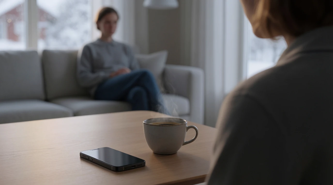 Modern smartphone på träbord i ljus svensk lägenhet med kaffekopp