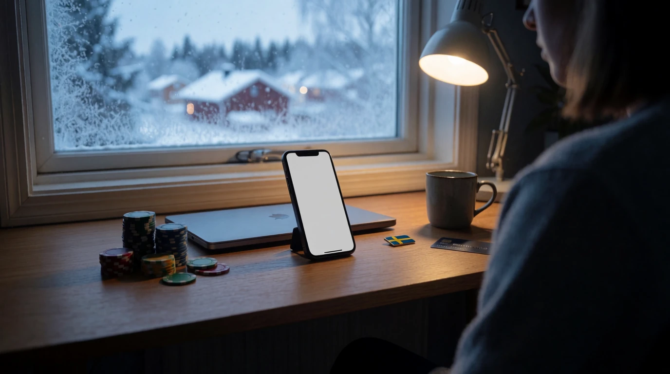 Casinochip, stängd laptop och mobil med betalapp på skandinaviskt skrivbord vid vinterutsikt