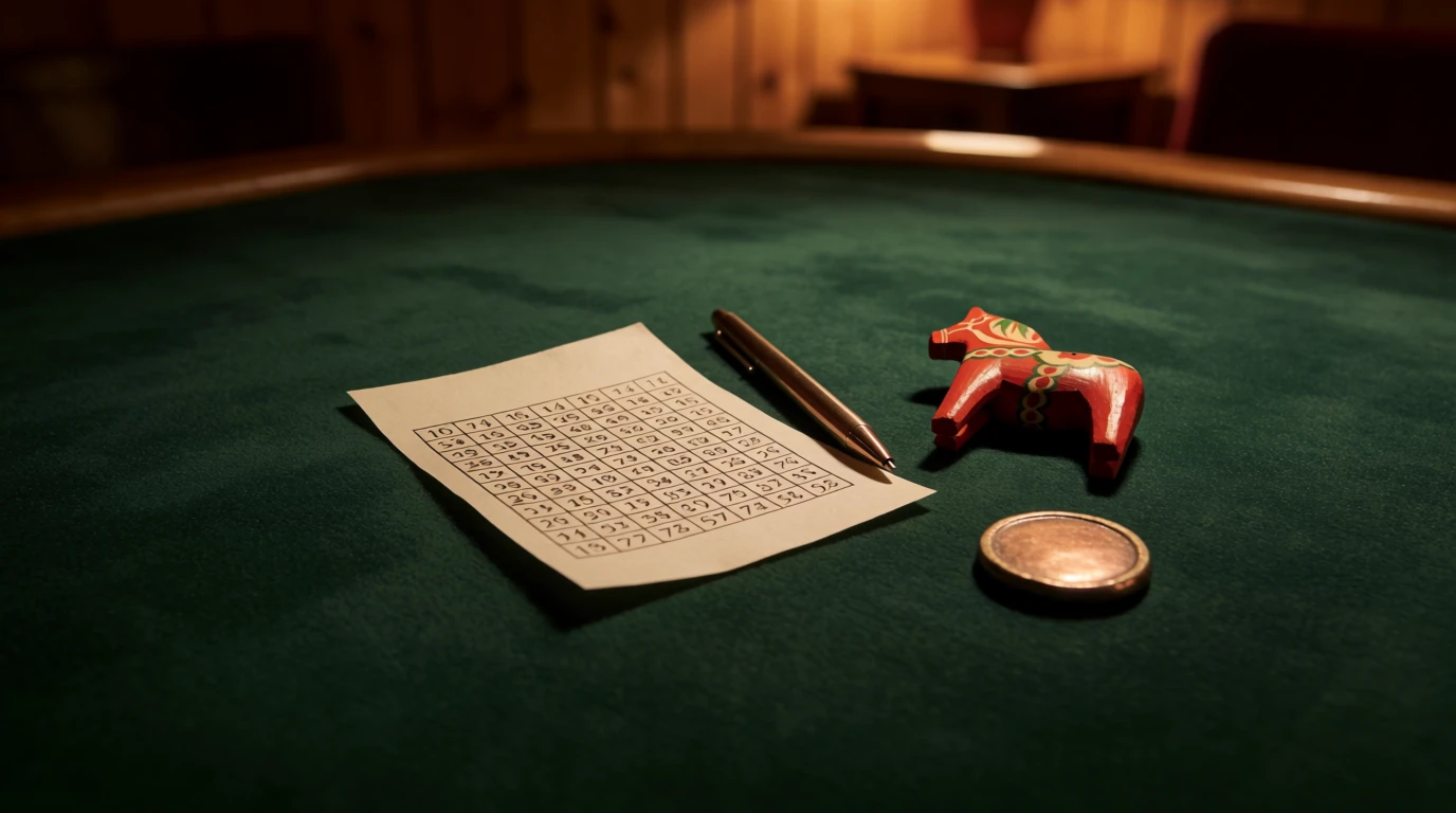 En fysisk kenobricka med nummer på ett grönt casinobord med en Dalahäst.