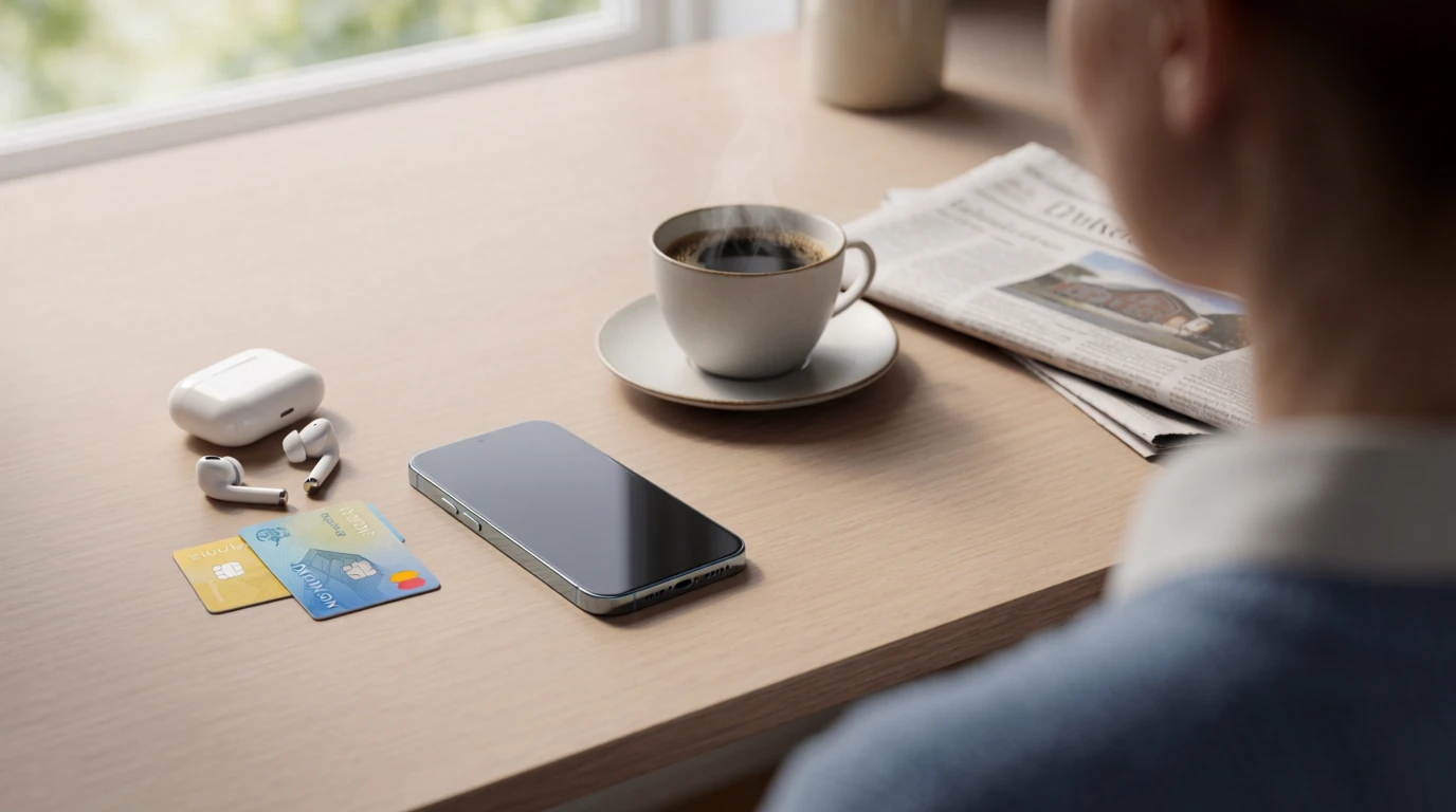Smarttelefon, bankkort och kaffe på ett ljust skandinaviskt skrivbord