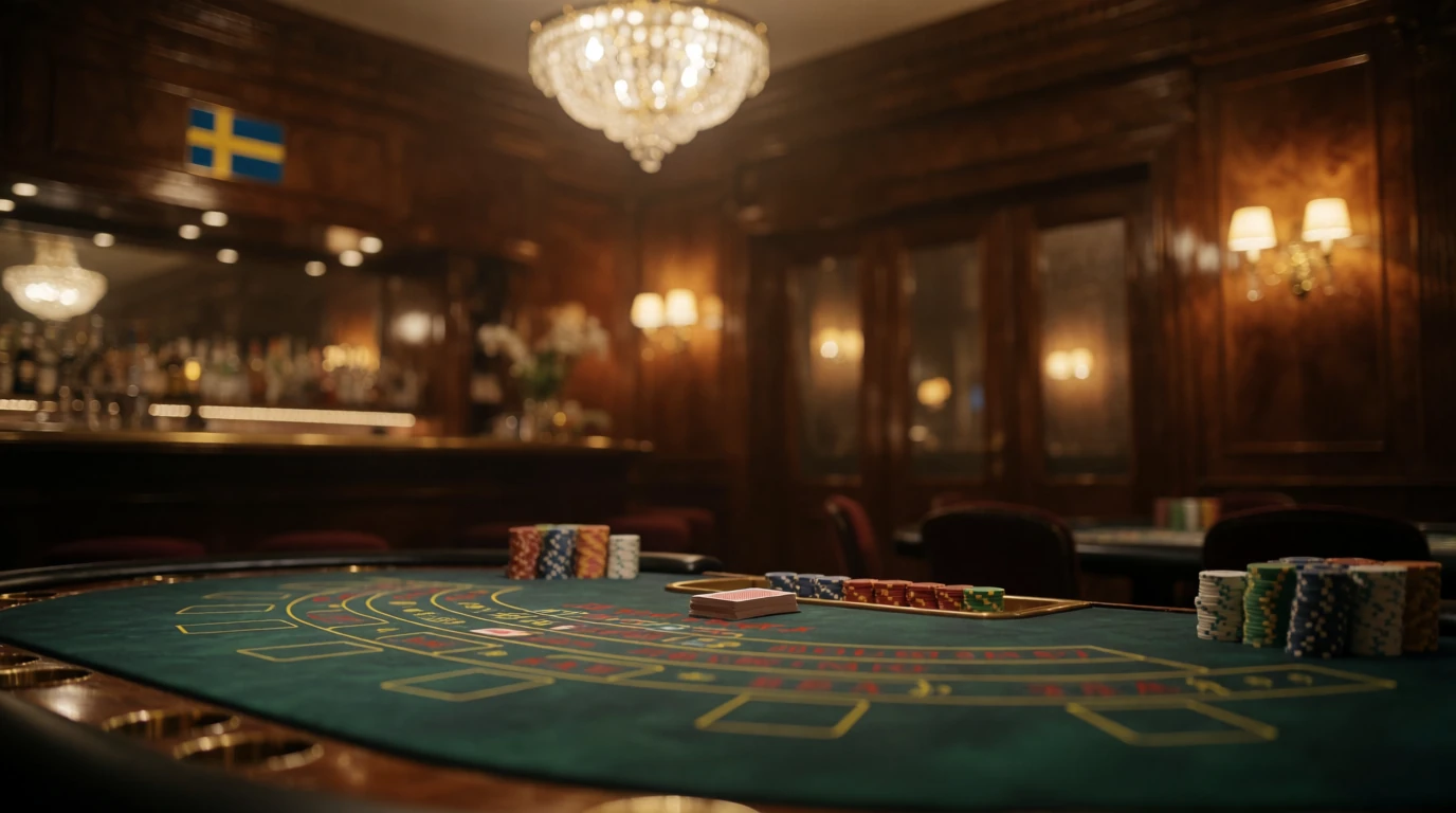 Elegant svenskt casinobord med kort och marker