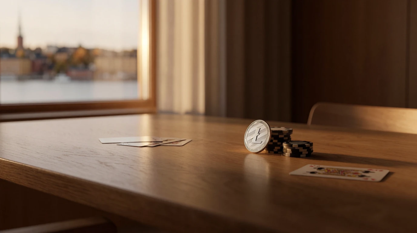 Litecoin-mynt, pokerfärger och kort på ett nordiskt bord