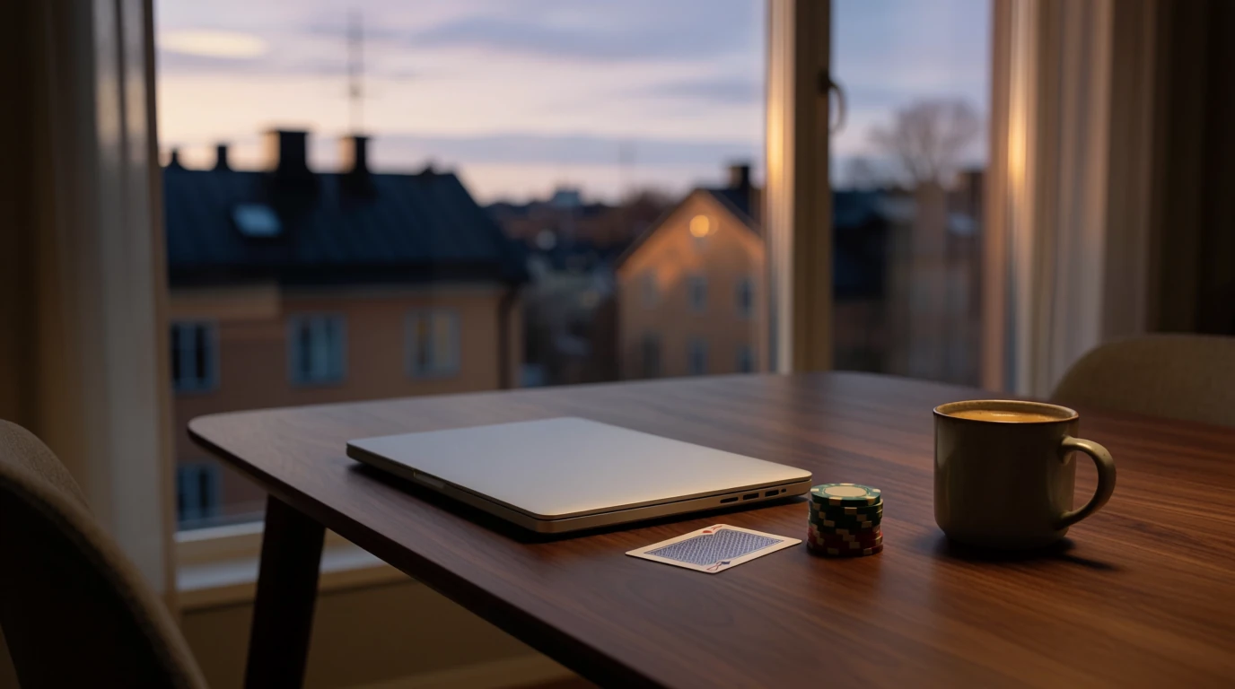 Stängd laptop med casinofigurer vid fönster med Stockholms tak i skymning