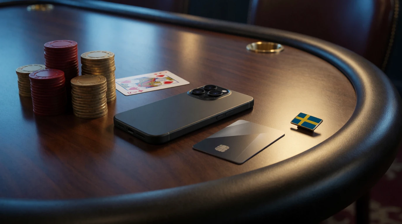 Casinobord med marker, ett spelkort och en mobiltelefon bredvid ett betalkort, blå och gyllene belysning