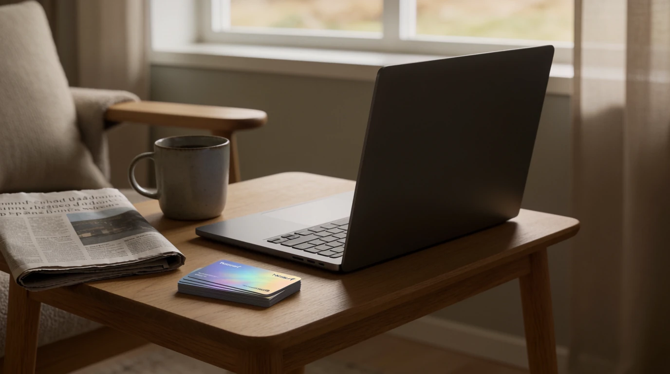 Neosurf-kuponger på bord i svenskt vardagsrum med stängd laptop