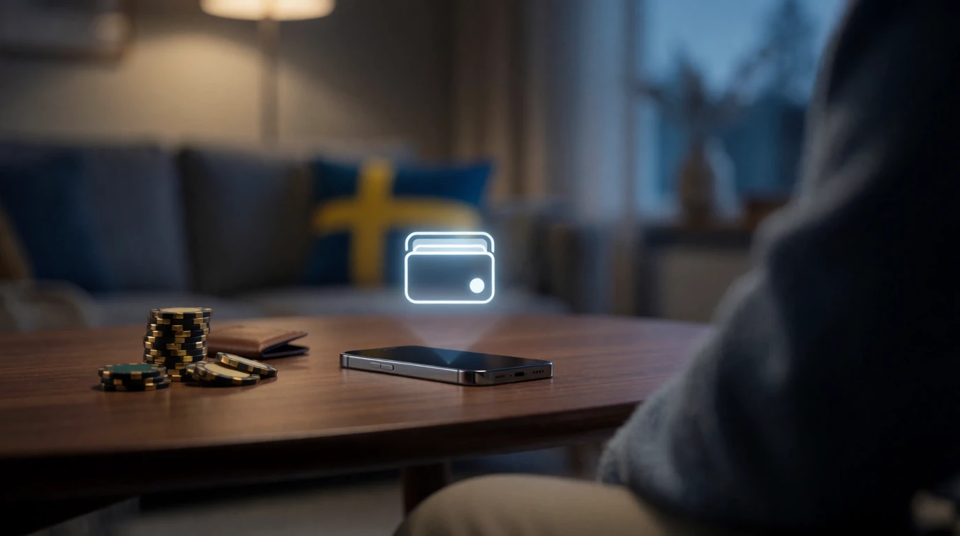 Smartphone, casinoklipp och digital plånboksikon i skandinavisk inredning