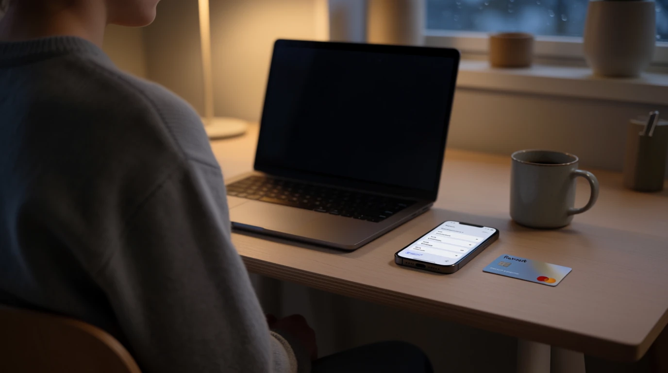 Svensk person vid skrivbord med dator, mobiltelefon och Revolut-kort vid kvällsbelysning.
