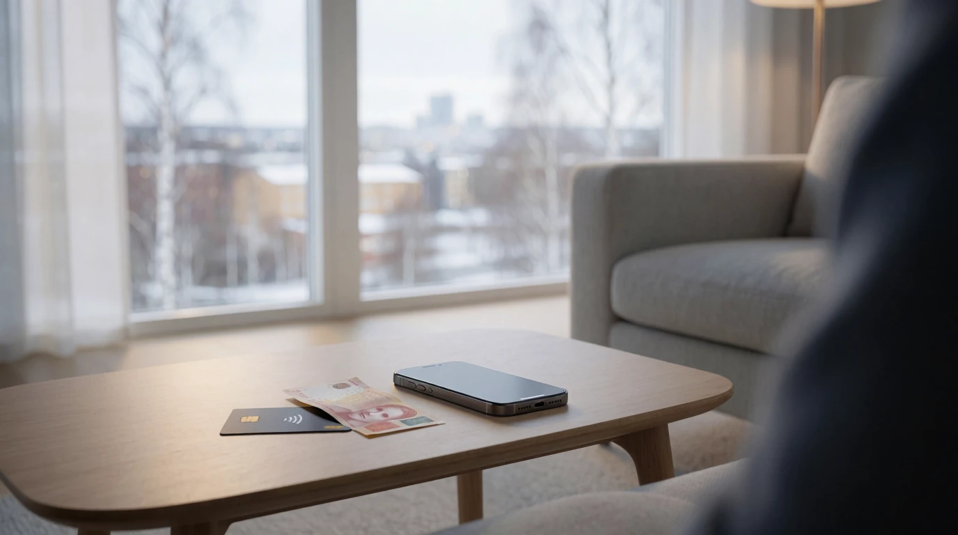 Svensk vardagsrum med mobiltelefon och betalkort vid fönster med dagsljus