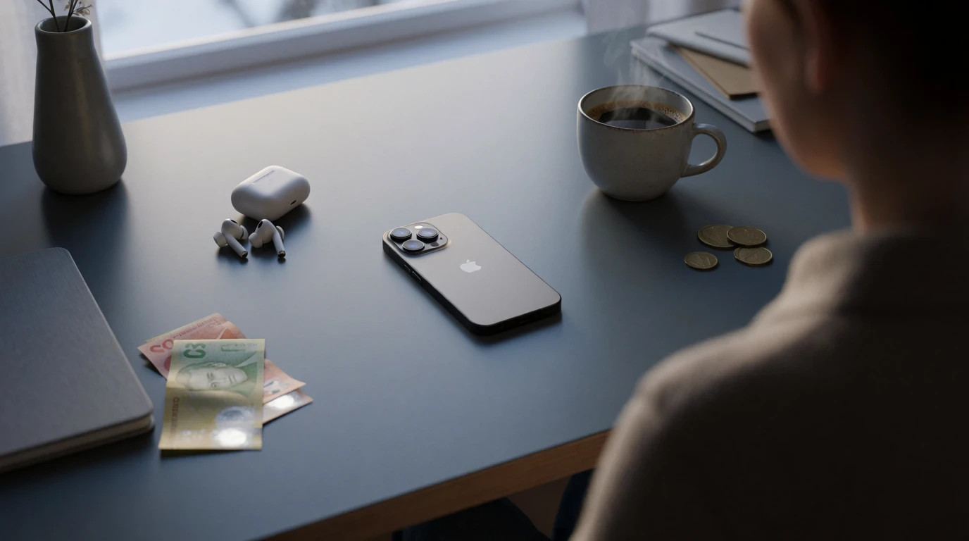 Smarttelefon och svenska kronor på ett minimalistiskt skrivbord, mobilbetalning via sms