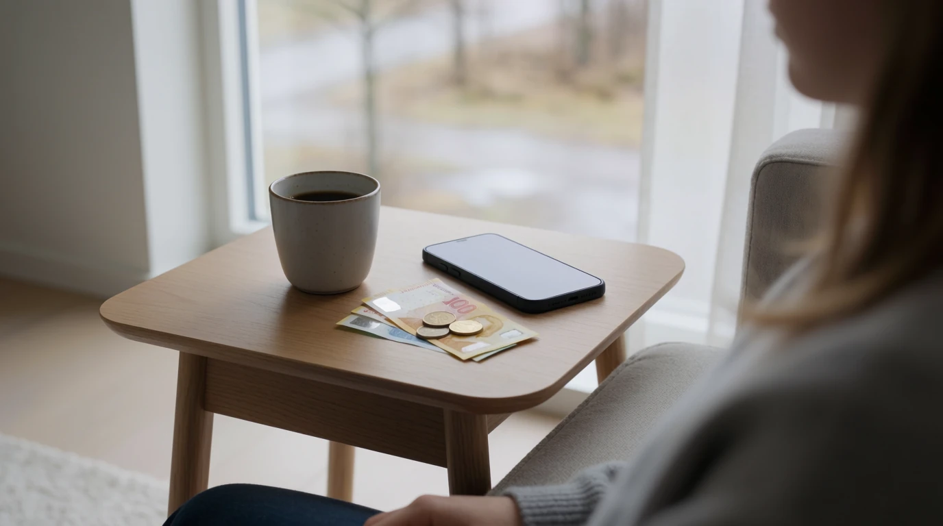 Svensk lägenhet med sedlar och mynt på bordet, telefon med skärmen nedåt