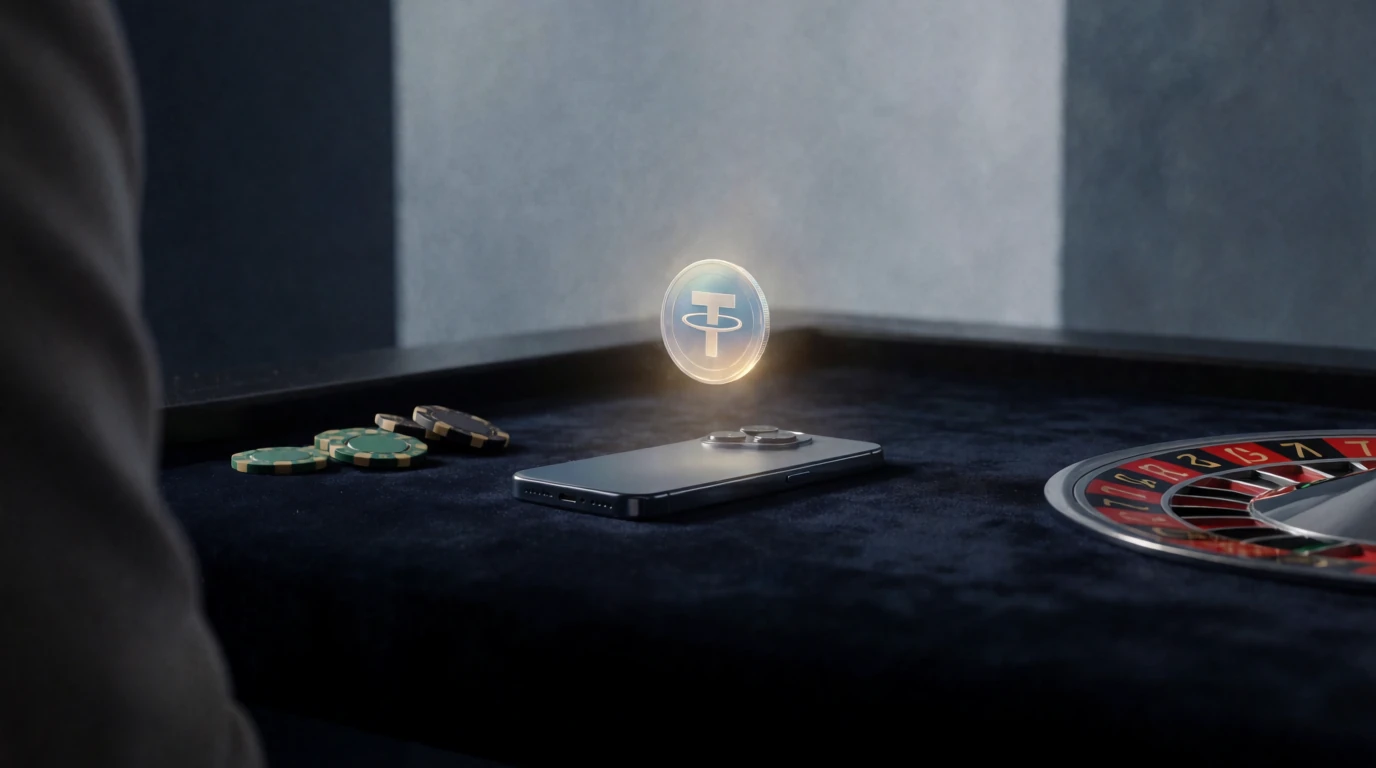 Smarttelefon med USDT-mynt och casinomarker på mörk yta