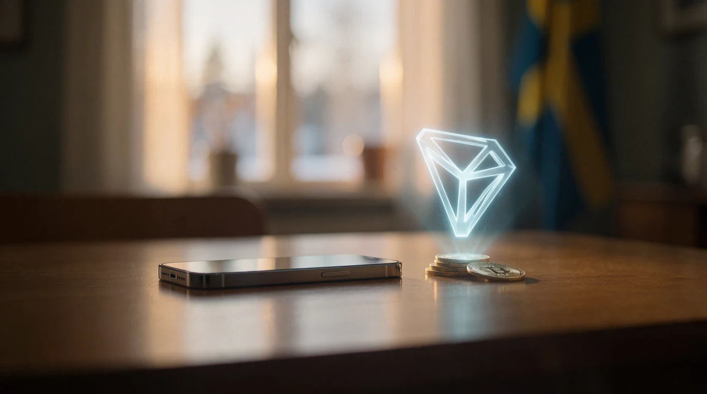 Tron-krypto och telefon på bord i modern svensk lägenhet