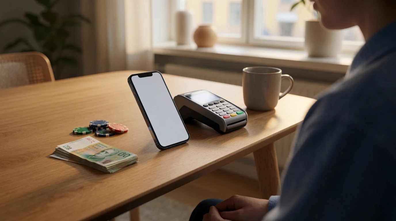 Smarttelefon, svenska sedlar och casinotokens på ett bord i en modern svensk lägenhet