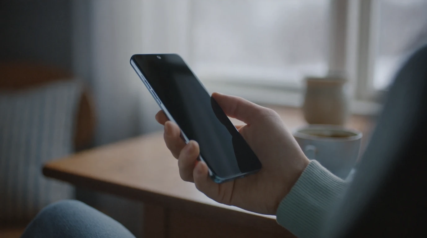 Hand håller en Android-telefon i ett lugnt svenskt vardagsrum med koppling till mobilspel.
