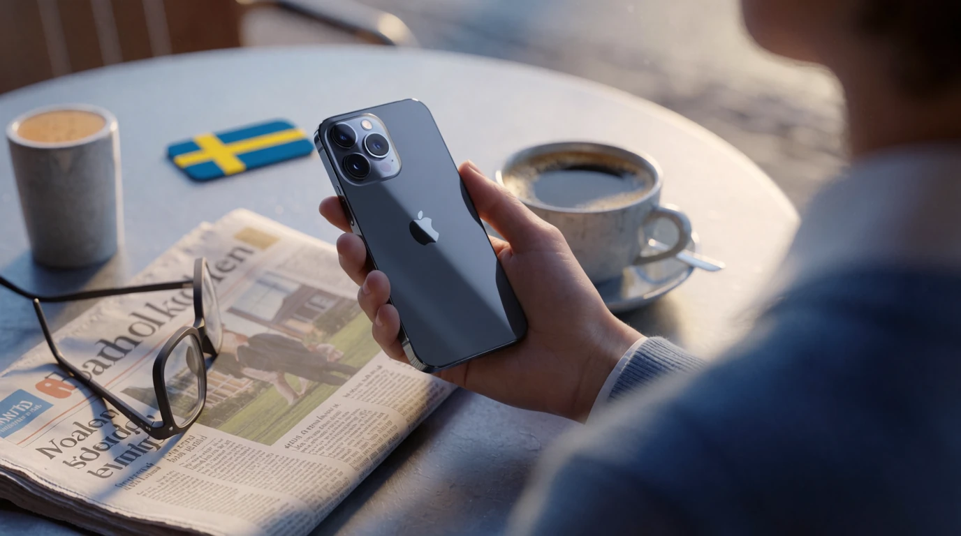 iPhone som vilar på ett kafébord i Stockholm, med kaffe och svensk tidning bredvid