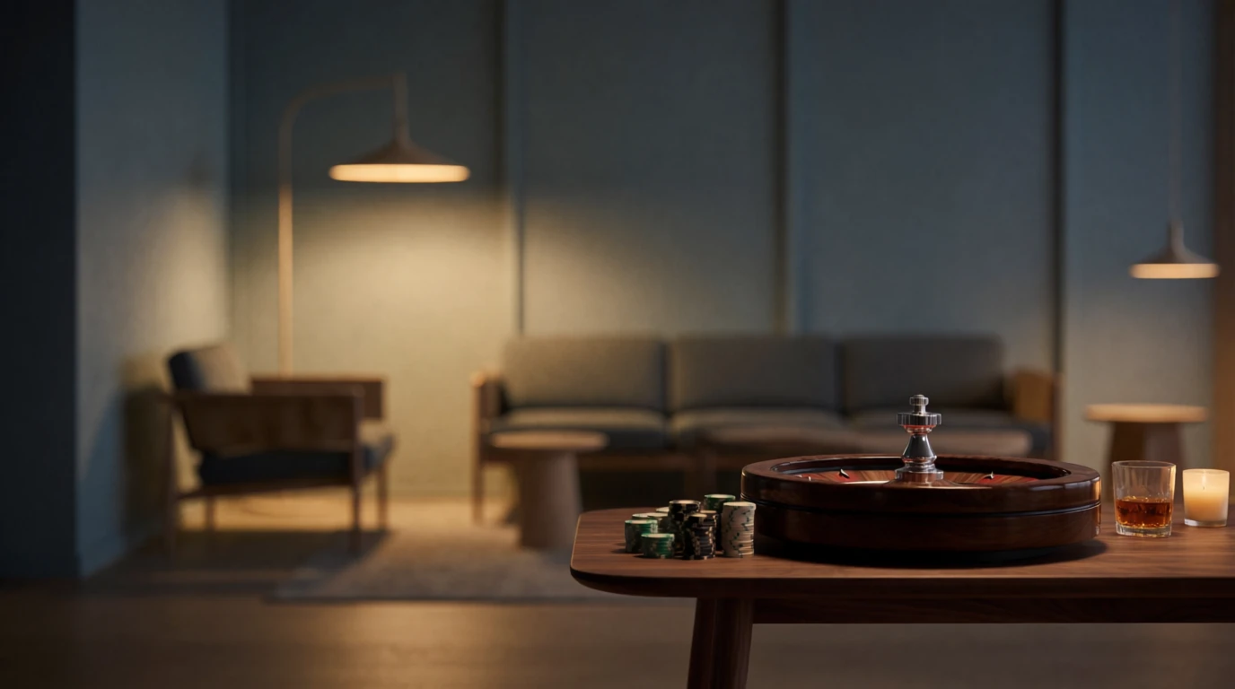 Modern skandinavisk lounge med roulettehjul och casinomarker