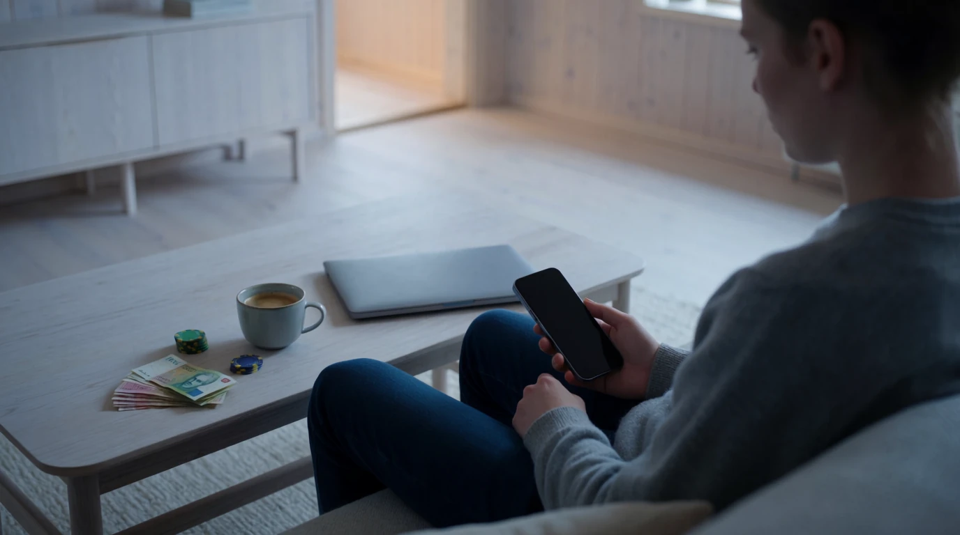 Svensk spelare i modern lägenhet med telefon, kronor och casinokoppar