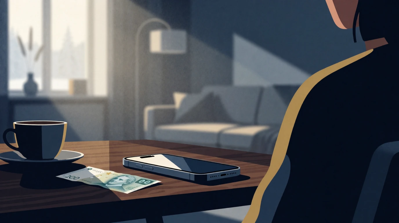 Smartphone och svenska kronor på bord i modernt skandinaviskt vardagsrum, koncept för casinon utan registrering.