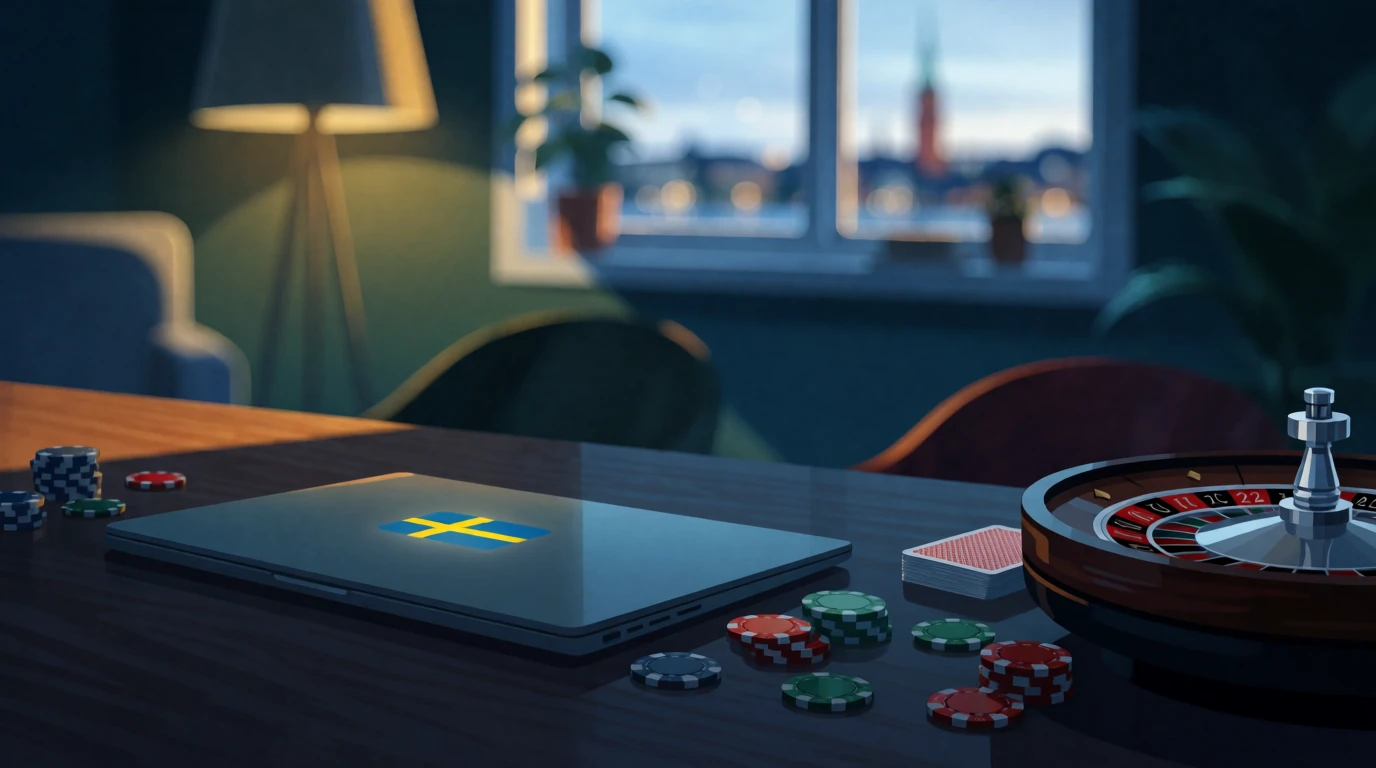 Stängt laptopbord med casinoföremål och svensk kontext