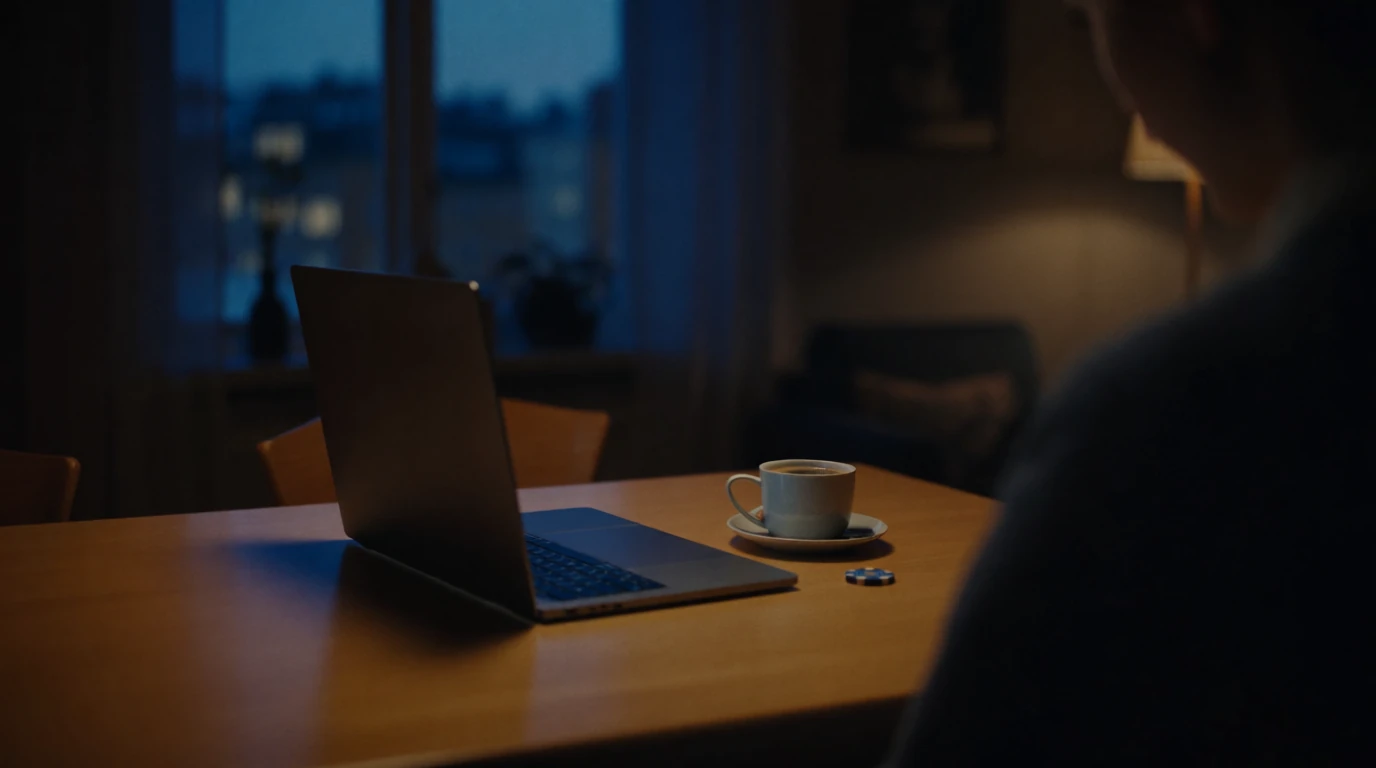 Svensk man vid bord med laptop och casinospel på kvällen