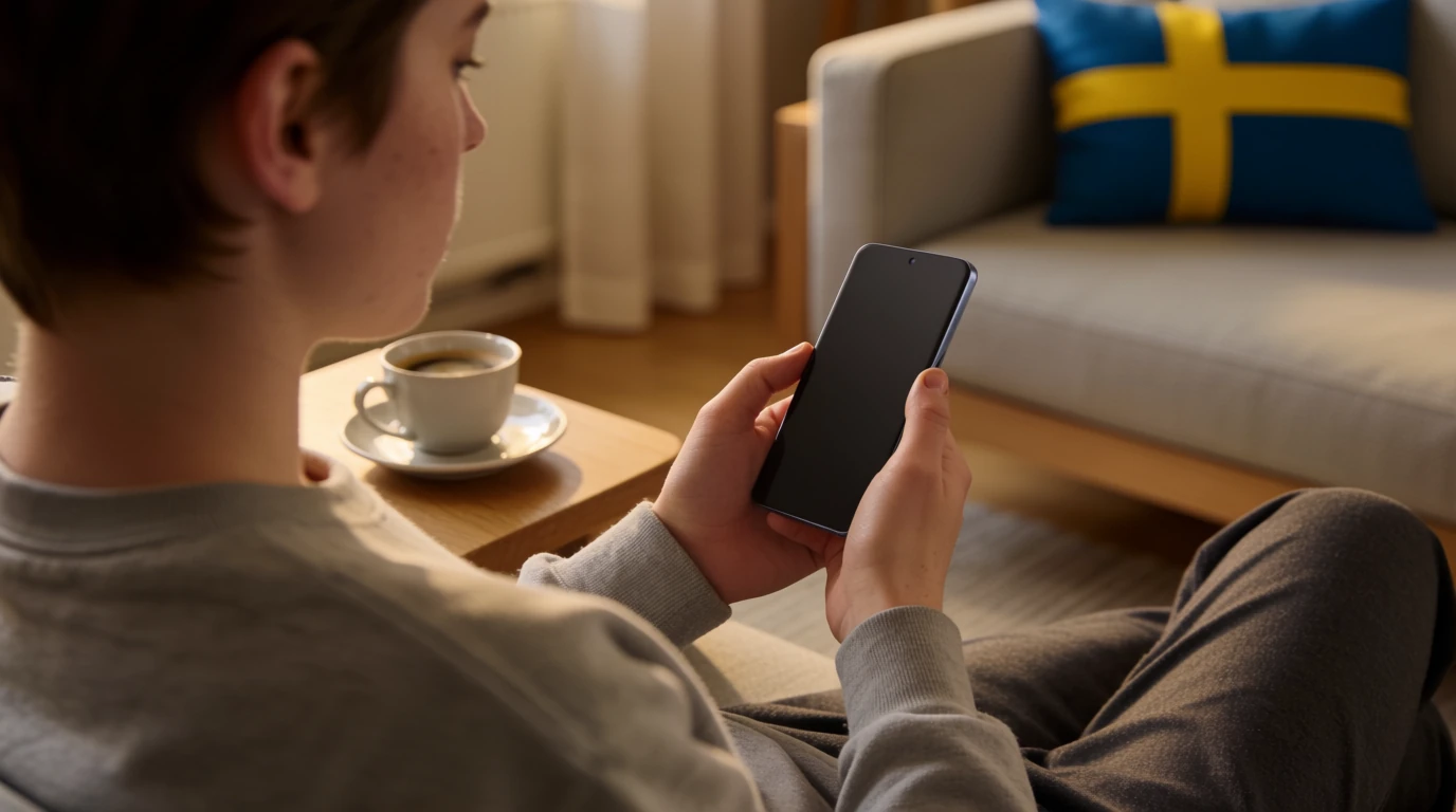 Person med smartphone i vardagsrum, avslappnad kväll