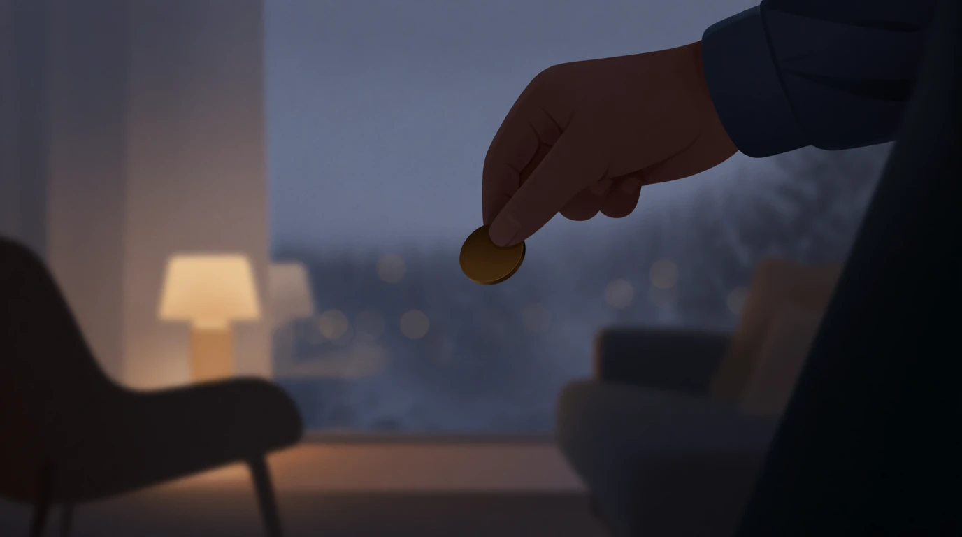 Hand som släpper ett mynt i luften i ett svenskt vardagsrum