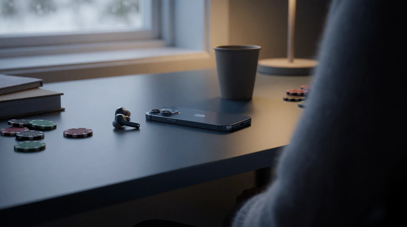 Casino-klackor och en mobiltelefon på ett skandinaviskt skrivbord