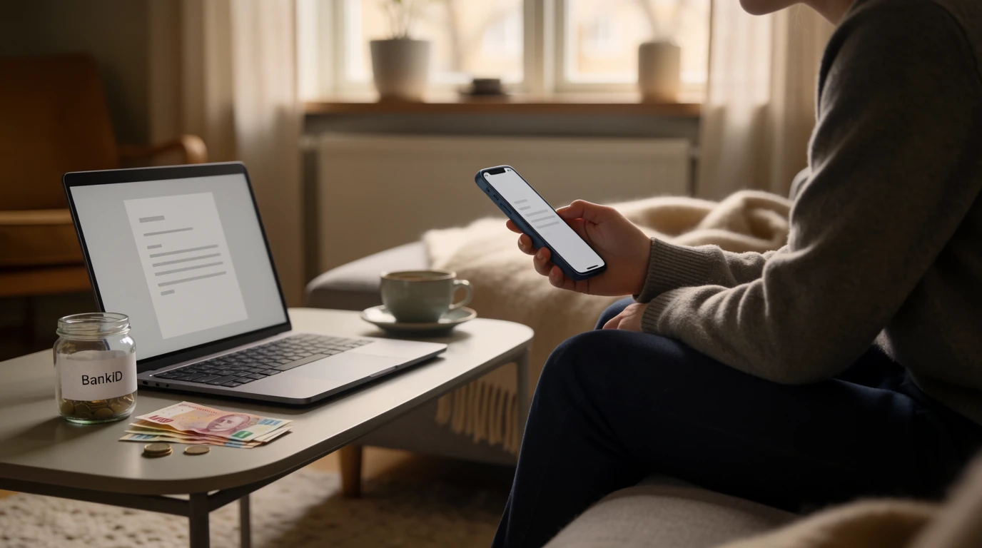 Svensk person med smartphone och BankID-ansluten betalning hemma i vardagsrum