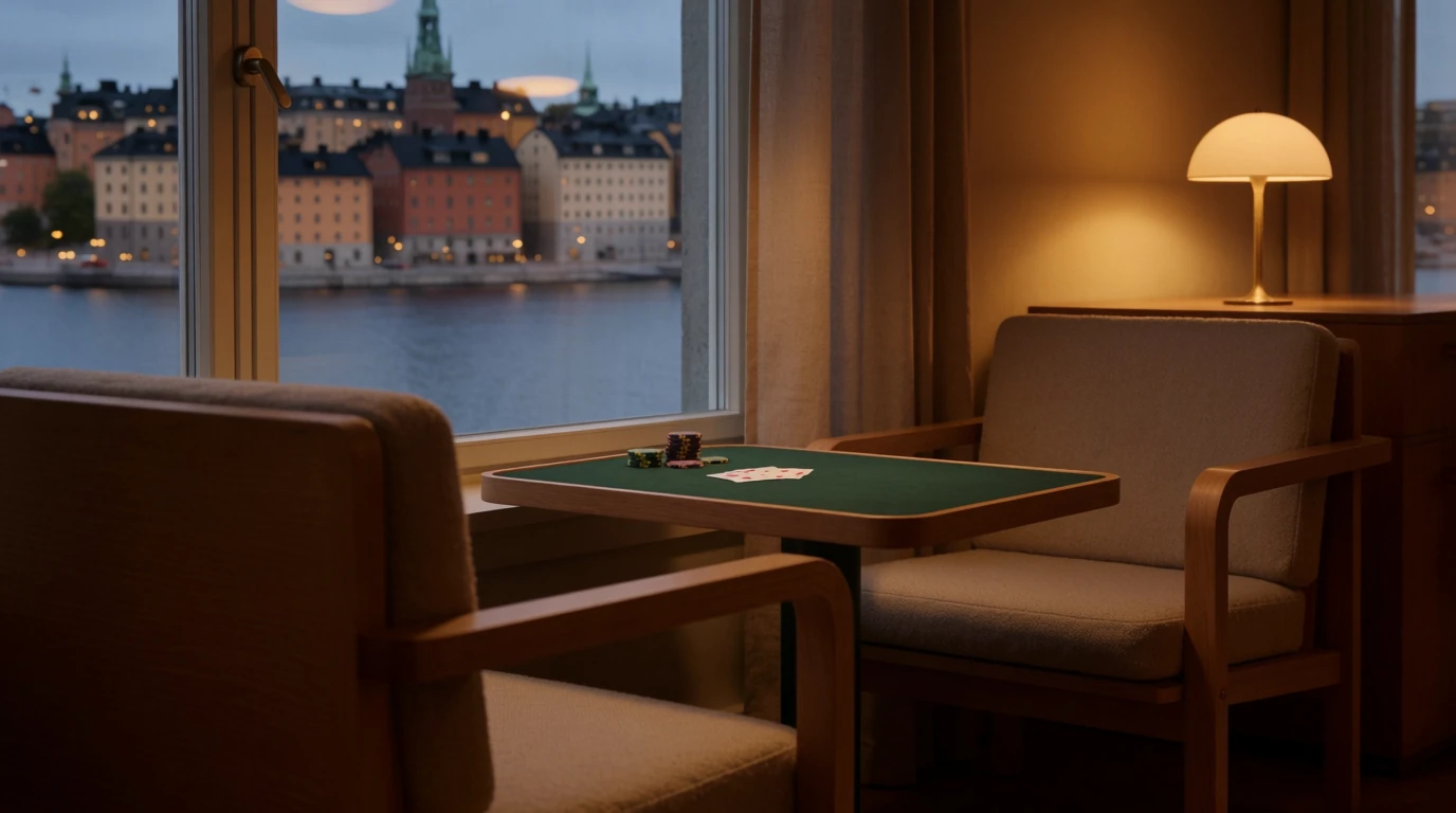 Elegant skandinavisk casinolounge i Stockholm vid skymning med utsikt över Gamla Stan