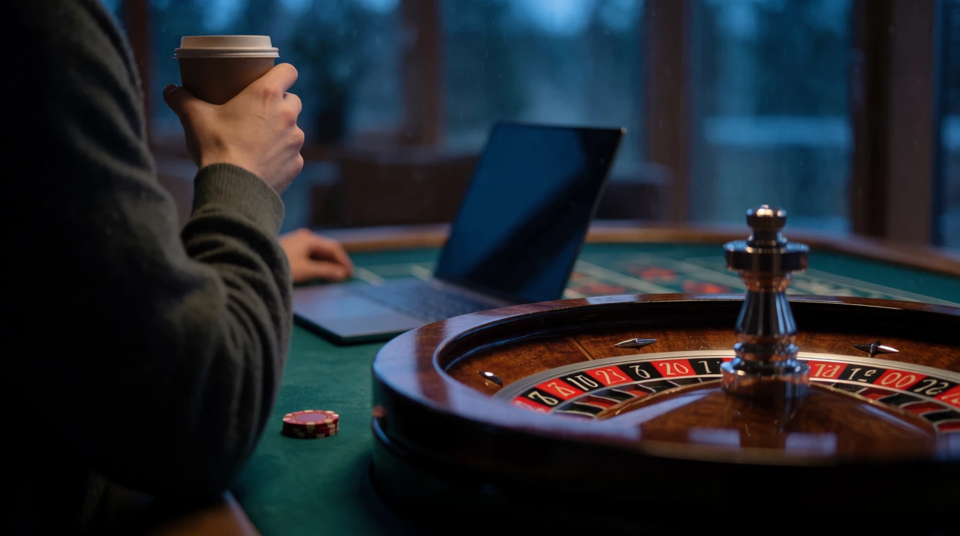 Europeisk roulettehjul på casinobord med röda marker, stängd bärbar dator i bakgrunden